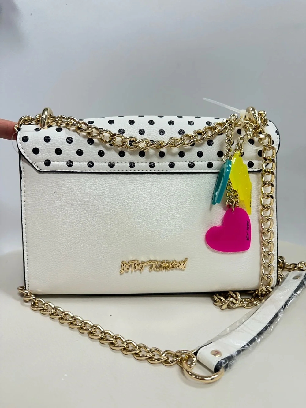 Betsey Johnson White Polka Dot Crossbody with Neon Heart Charm